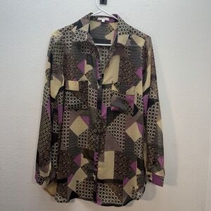 Anthropologie Pleione Blouse Patchwork Button Long Sleeve Boho Chiffon Sheer S